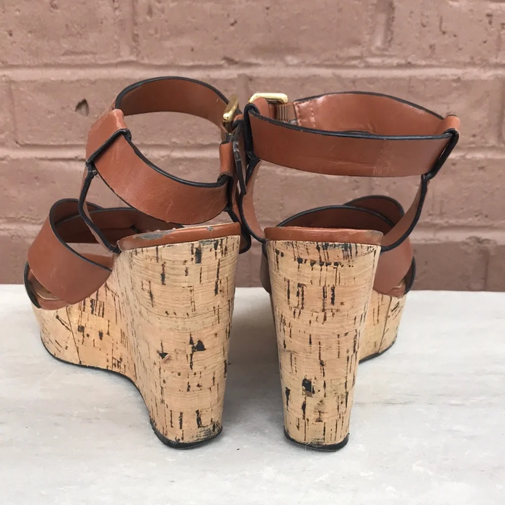 Tahari Tan Leather Cork Platform Wedge Sandals